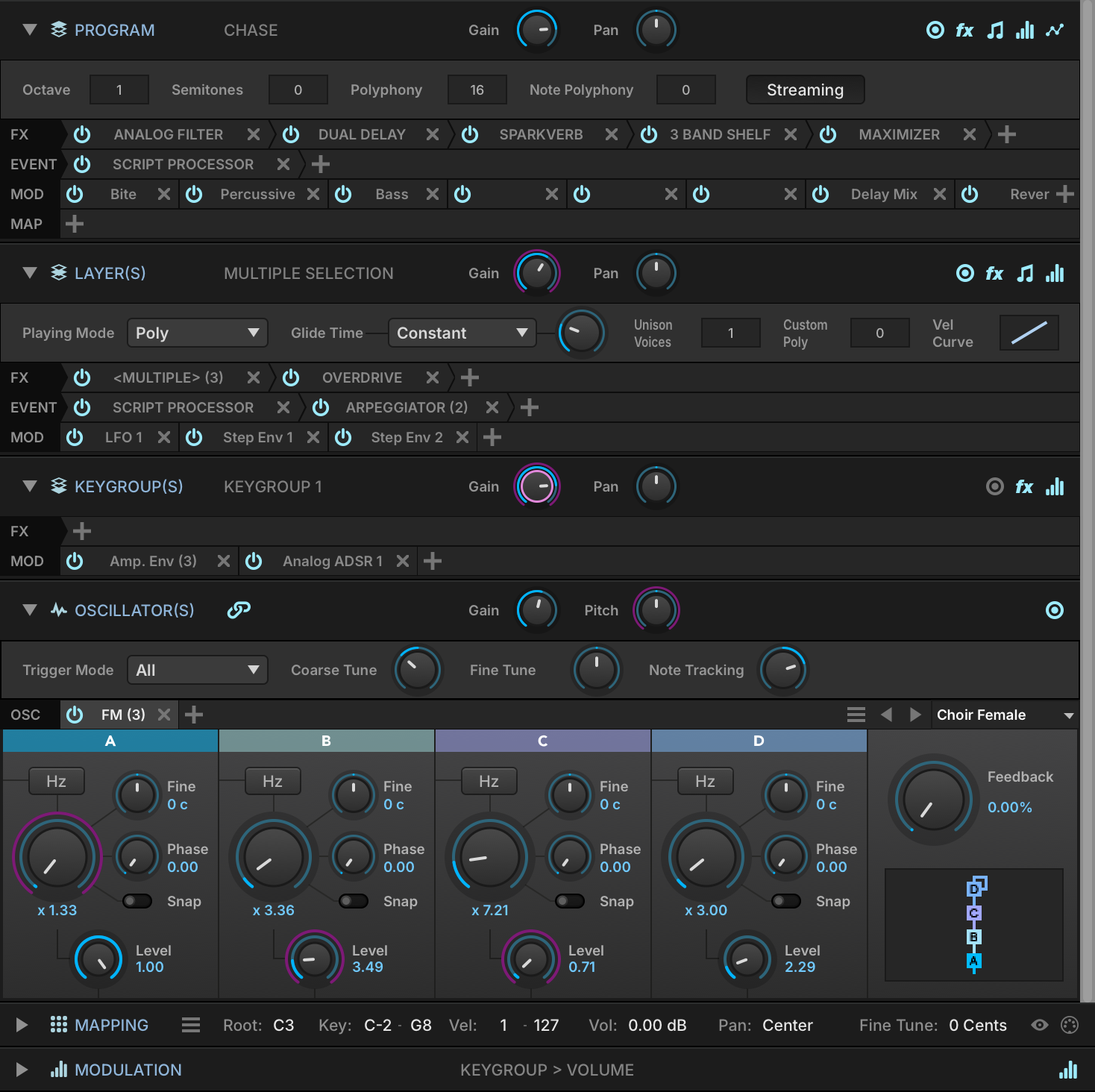 Falcon EDIT tab — Program / Layer / Keygroup hierarchy