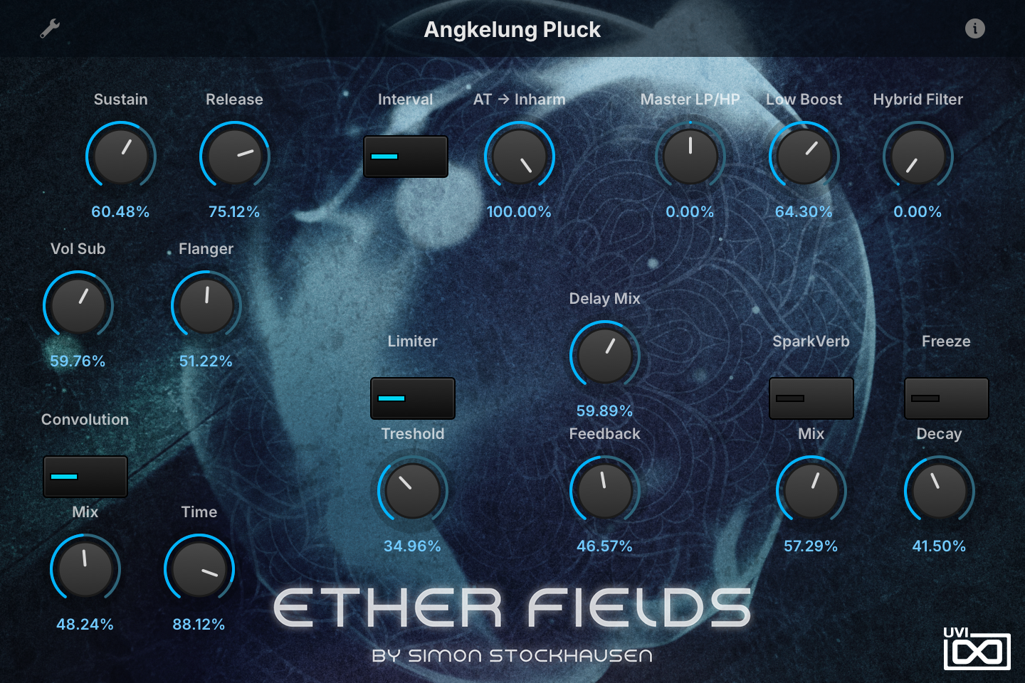 Ether Fields INFO tab — Angkelung Pluck preset
