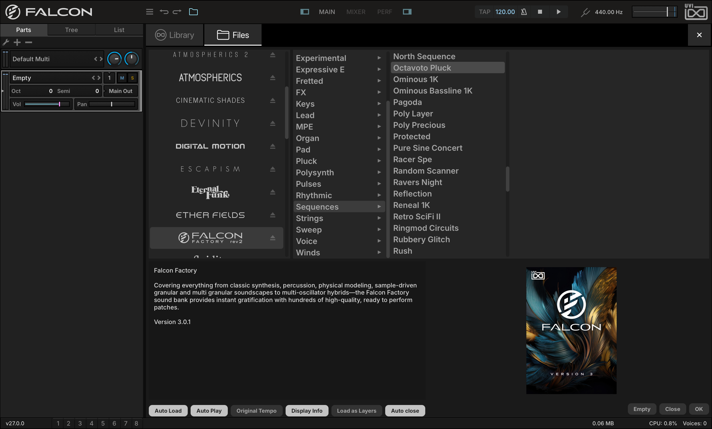 File Browser with Falcon Factory rev2 › Sequences › Octavoto Pluck selected, the part still named Empty