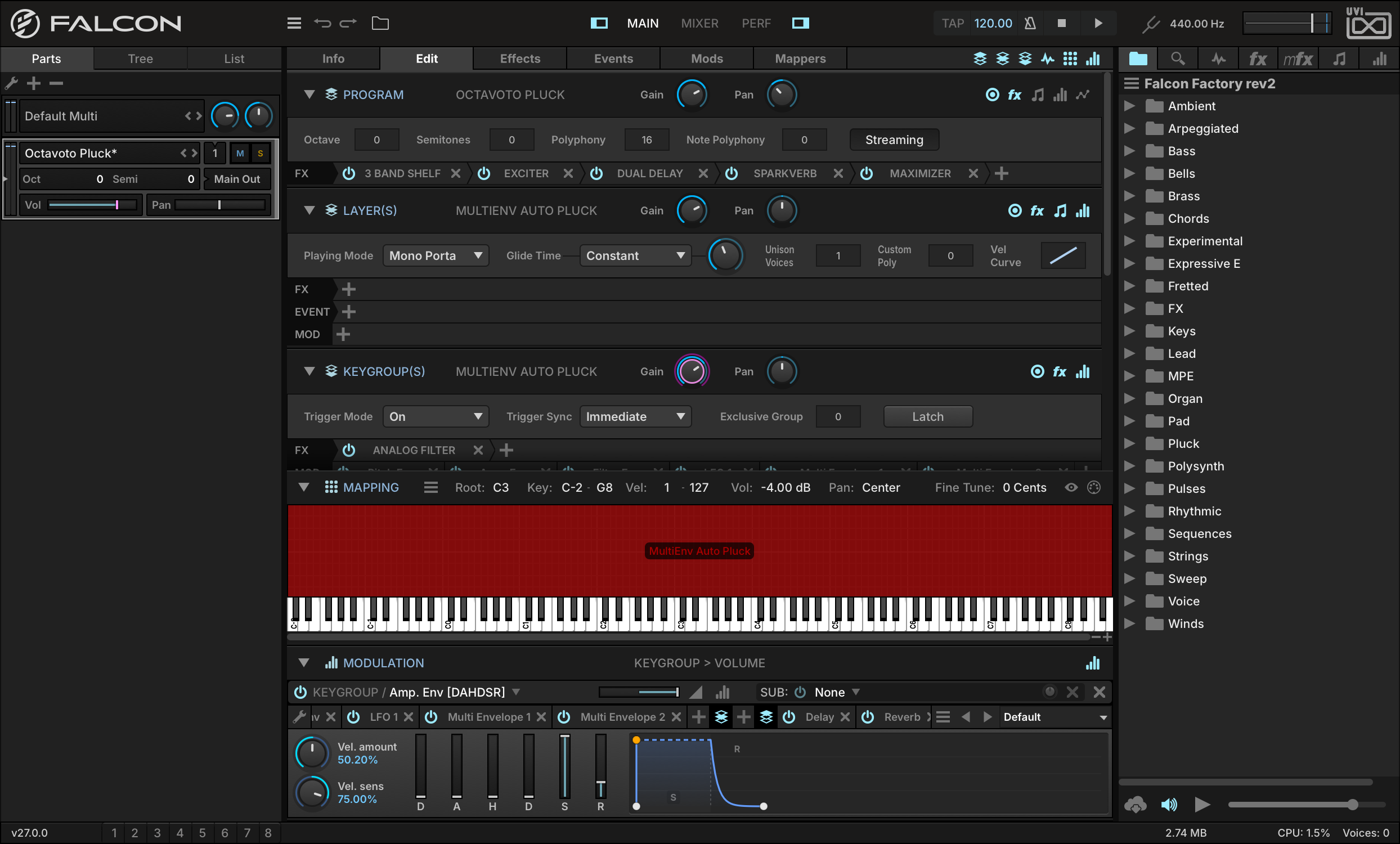 Edit tab of Octavoto Pluck, with Program Gain and Pan adjusted and the layer set to Mono Portamento with a Glide Time
