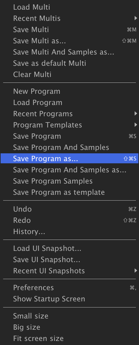 Main menu with Save Program As highlighted