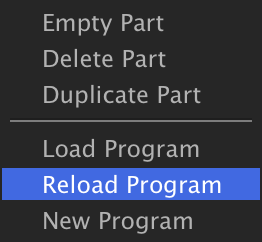 Part context menu with Reload Program highlighted