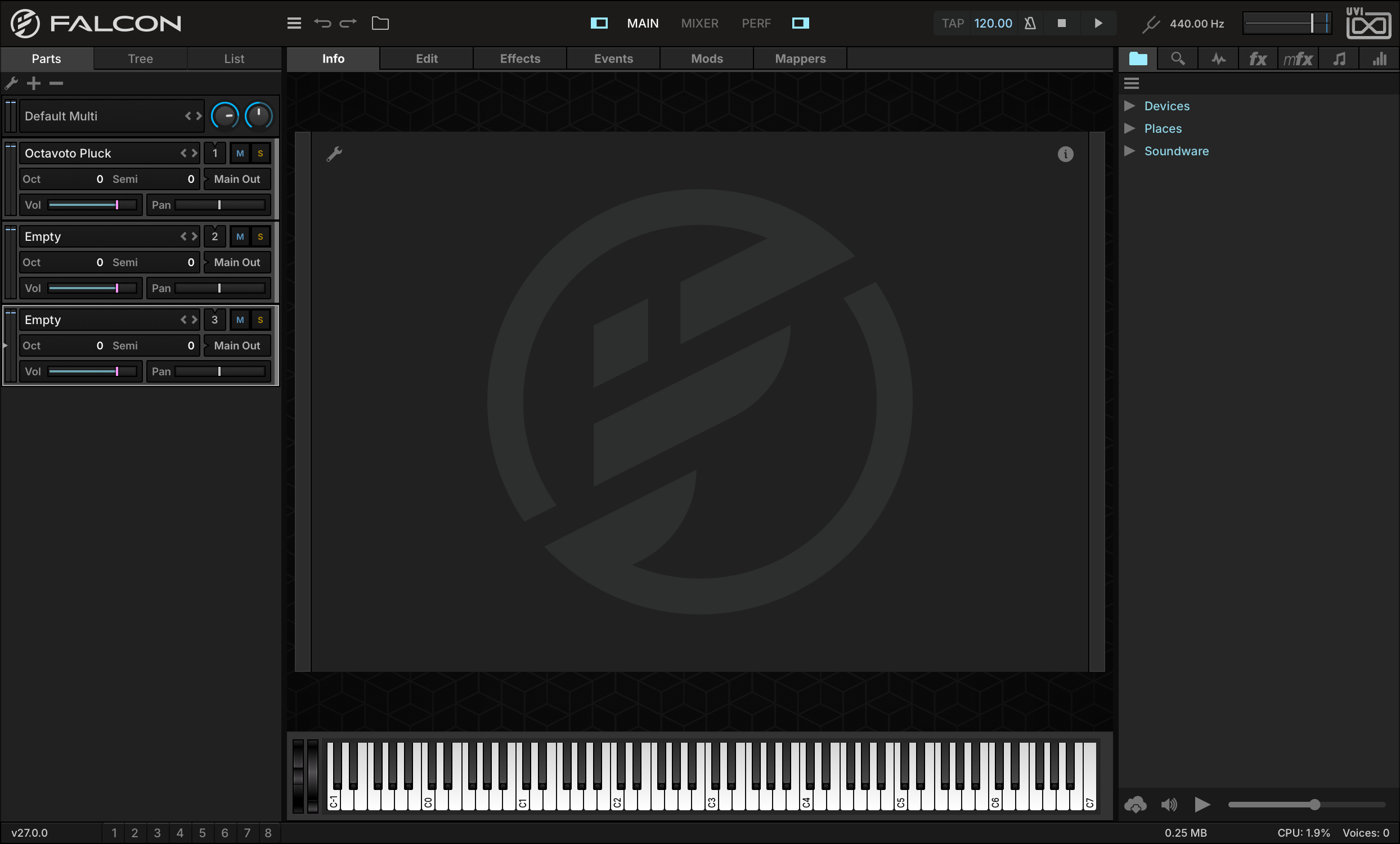 Parts list with two empty parts added below Octavoto Pluck