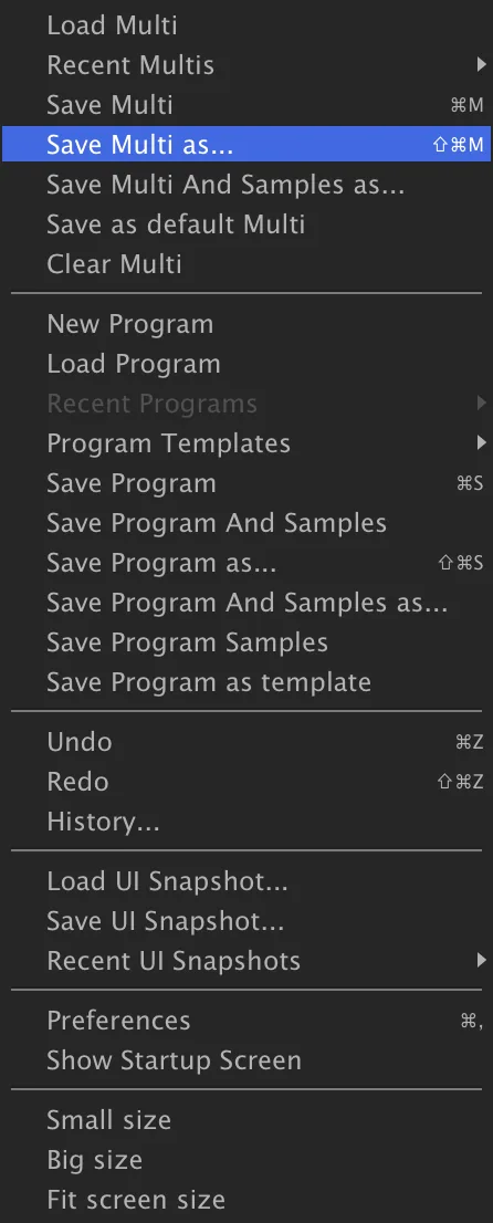 Main menu with Save Multi As highlighted