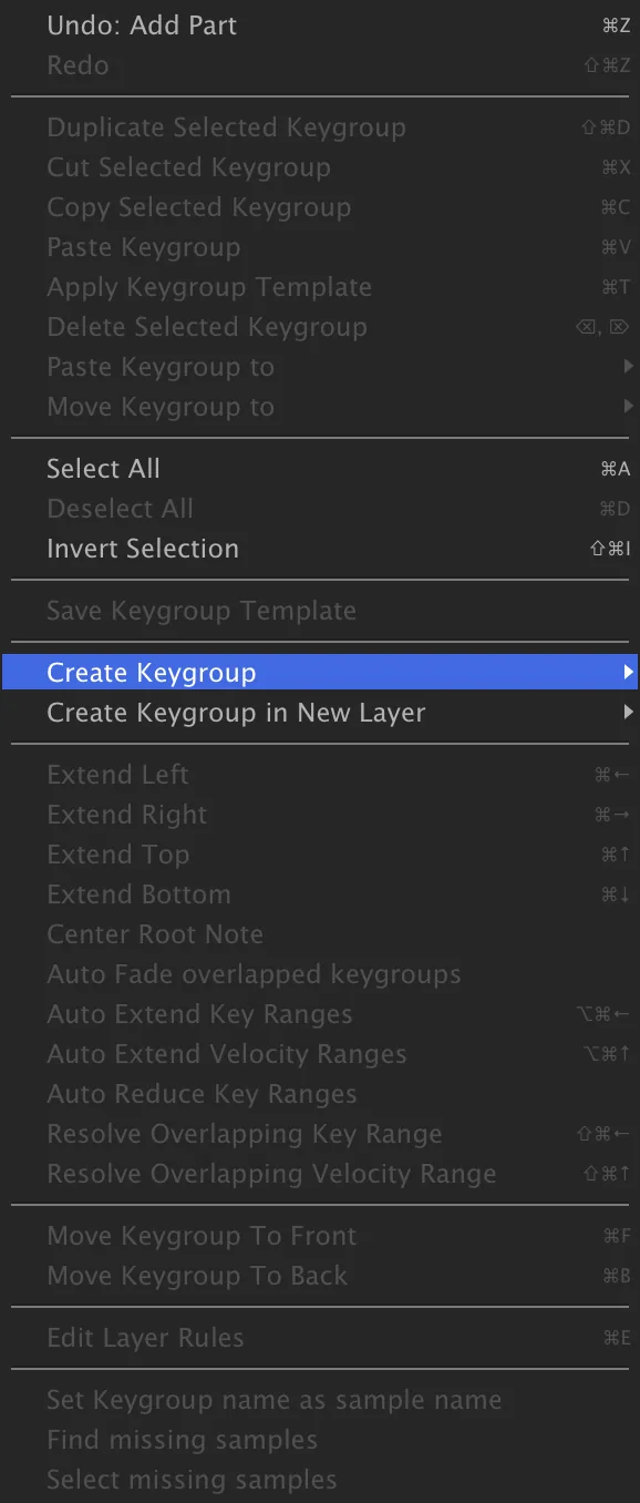 Mapping Editor context menu, Create Keygroup › Synth Template