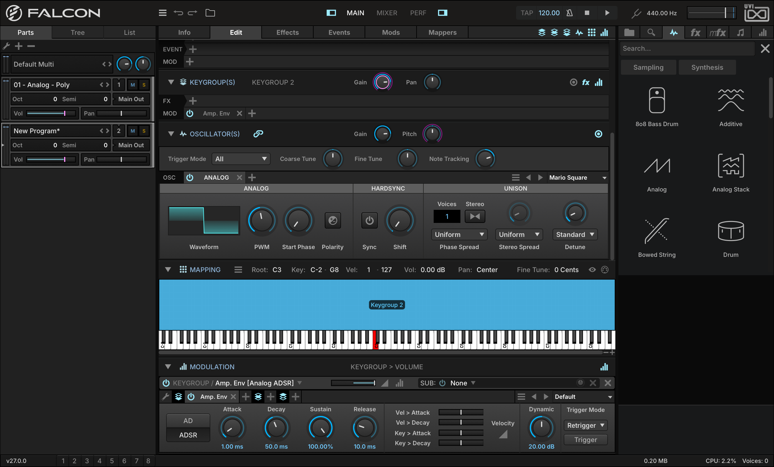 A second Synth Template keygroup stacked on the first, its Analog oscillator on the Mario Square preset
