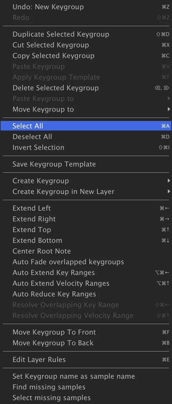 Mapping Editor context menu, Select All