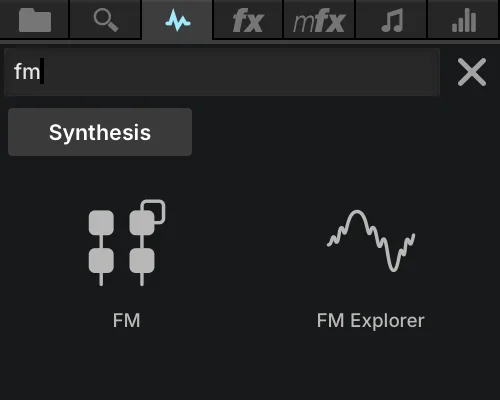 OSC tab of the right sidebar filtered on “fm”, showing the FM and FM Explorer oscillators