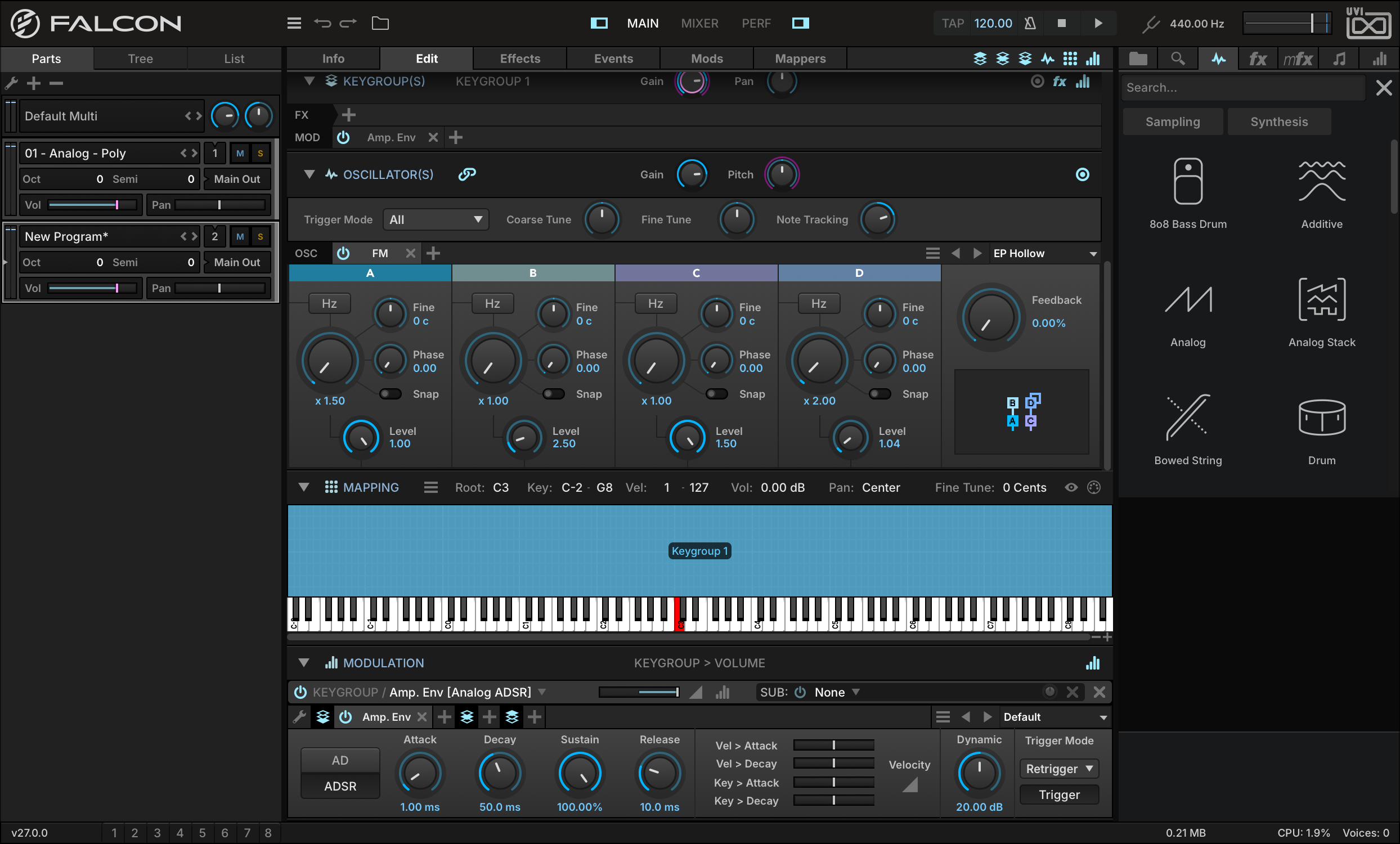 Edit tab with the new FM oscillator keygroup in the Mapping Editor
