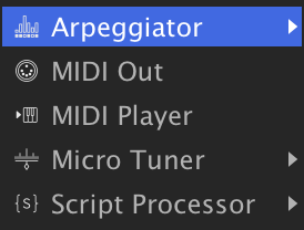 Events tab + menu with Arpeggiator highlighted