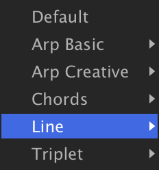 Arpeggiator preset menu with the Line folder highlighted