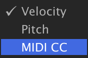 Step grid context menu: Velocity, Pitch, MIDI CC