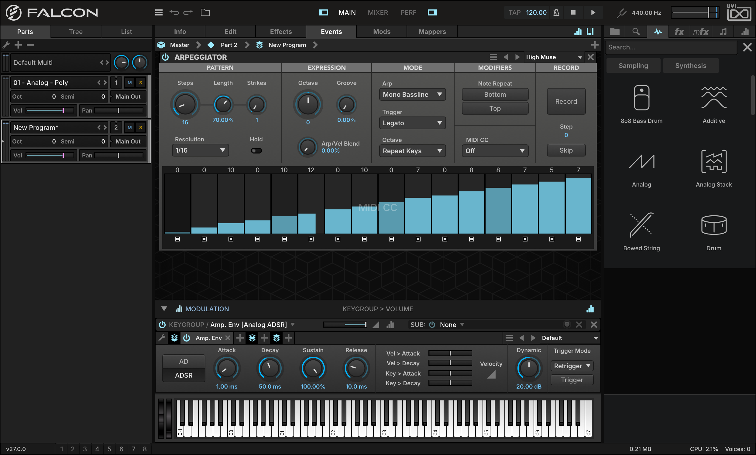 Arpeggiator MIDI CC layer with step values entered, and its MIDI CC menu