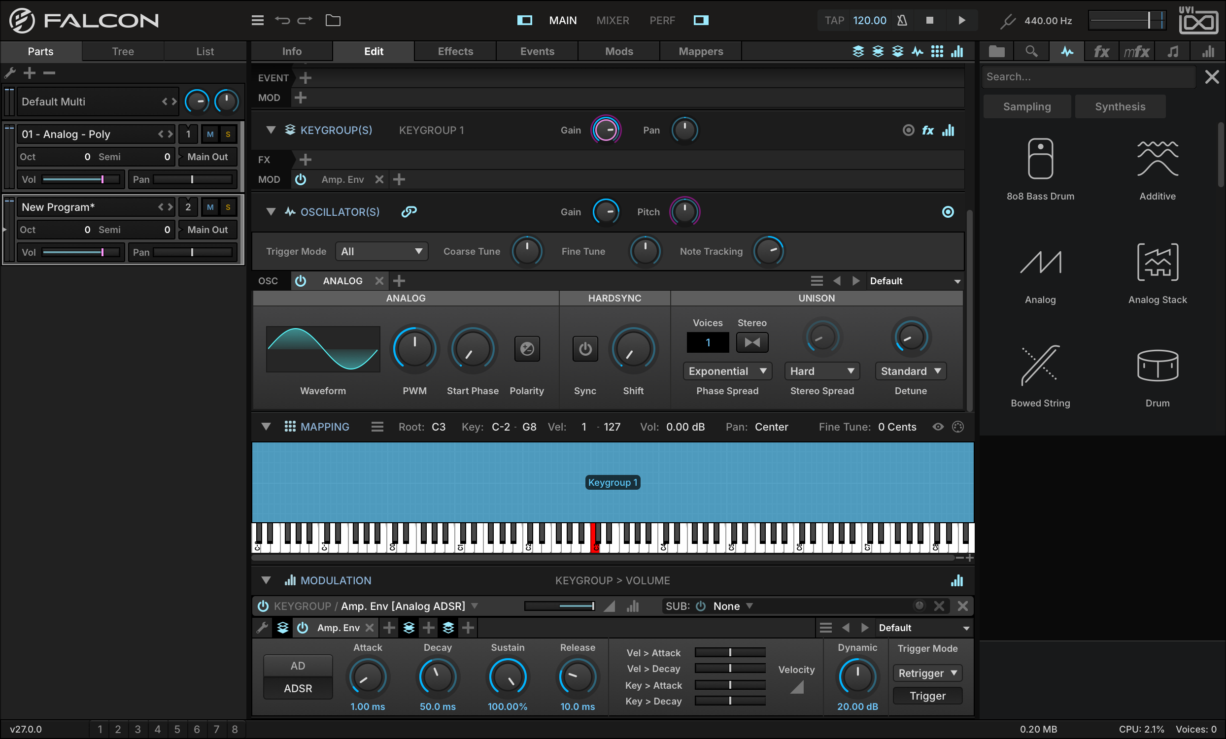 An empty part with a new Synth Template keygroup spanning the whole keyboard