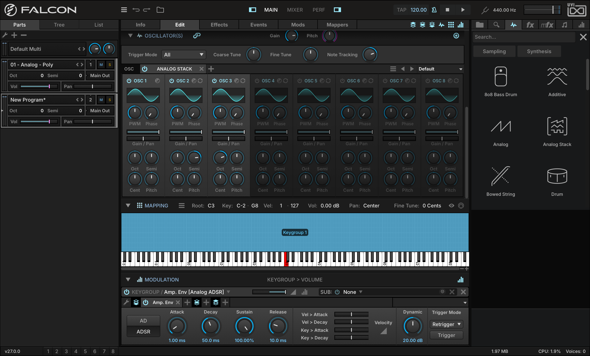 Analog Stack with oscillator 2 at +7 semitones and oscillator 3 at +1 octave