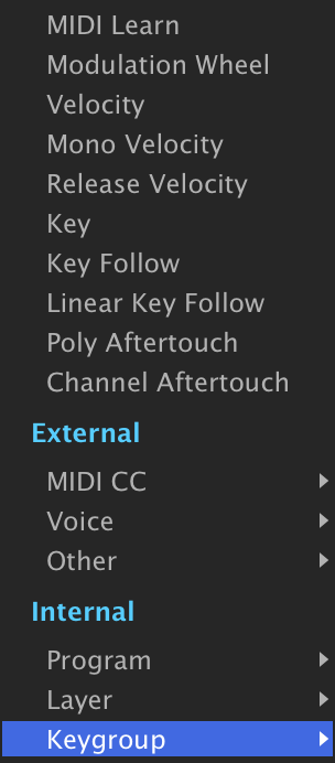 Add Modulation submenu with Internal › Keygroup highlighted