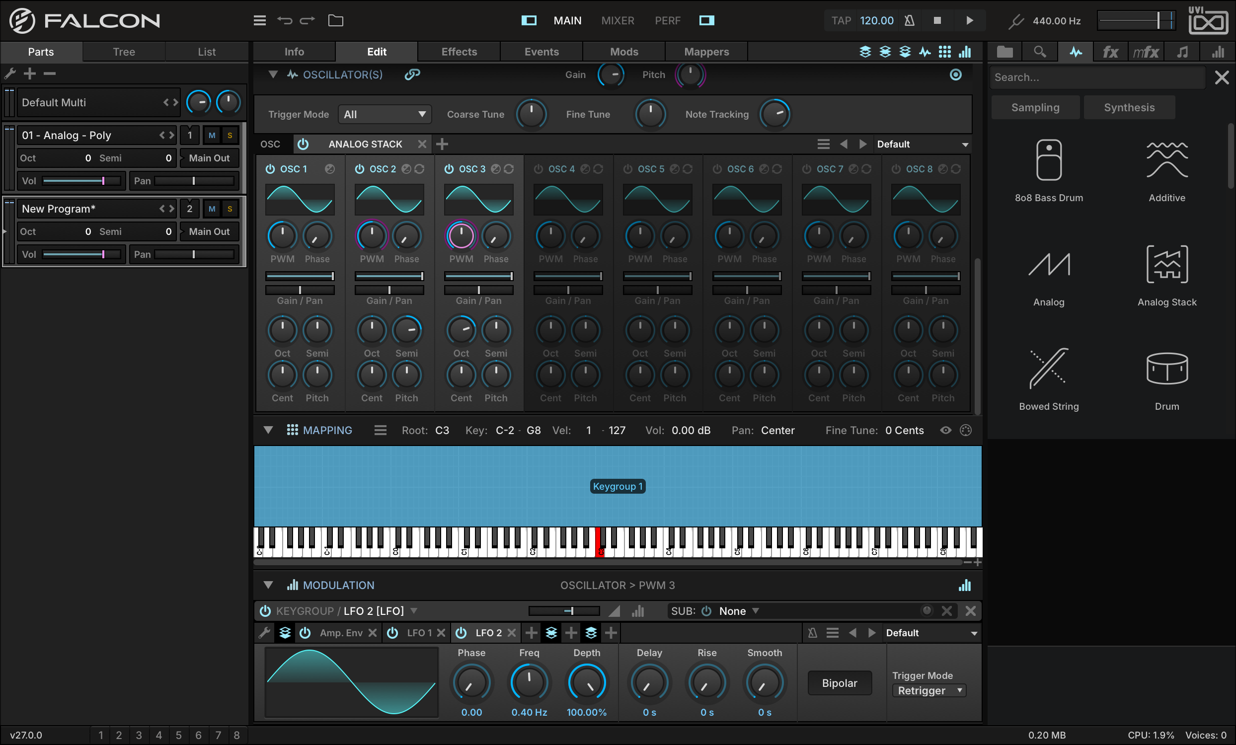 Edit tab with a second LFO modulating oscillator 3 PWM