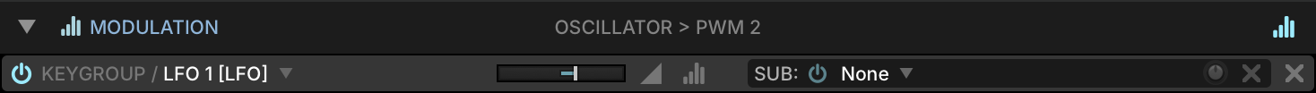 Modulation Editor row for Keygroup LFO 1 › Oscillator PWM 2, with its ratio slider