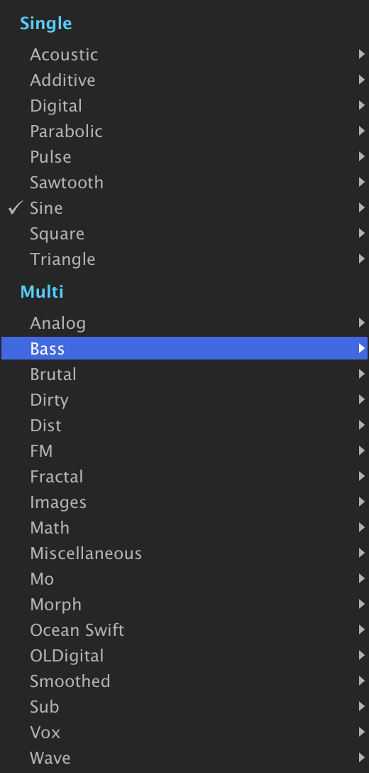 Wavetable menu with the Multi › Bass folder highlighted
