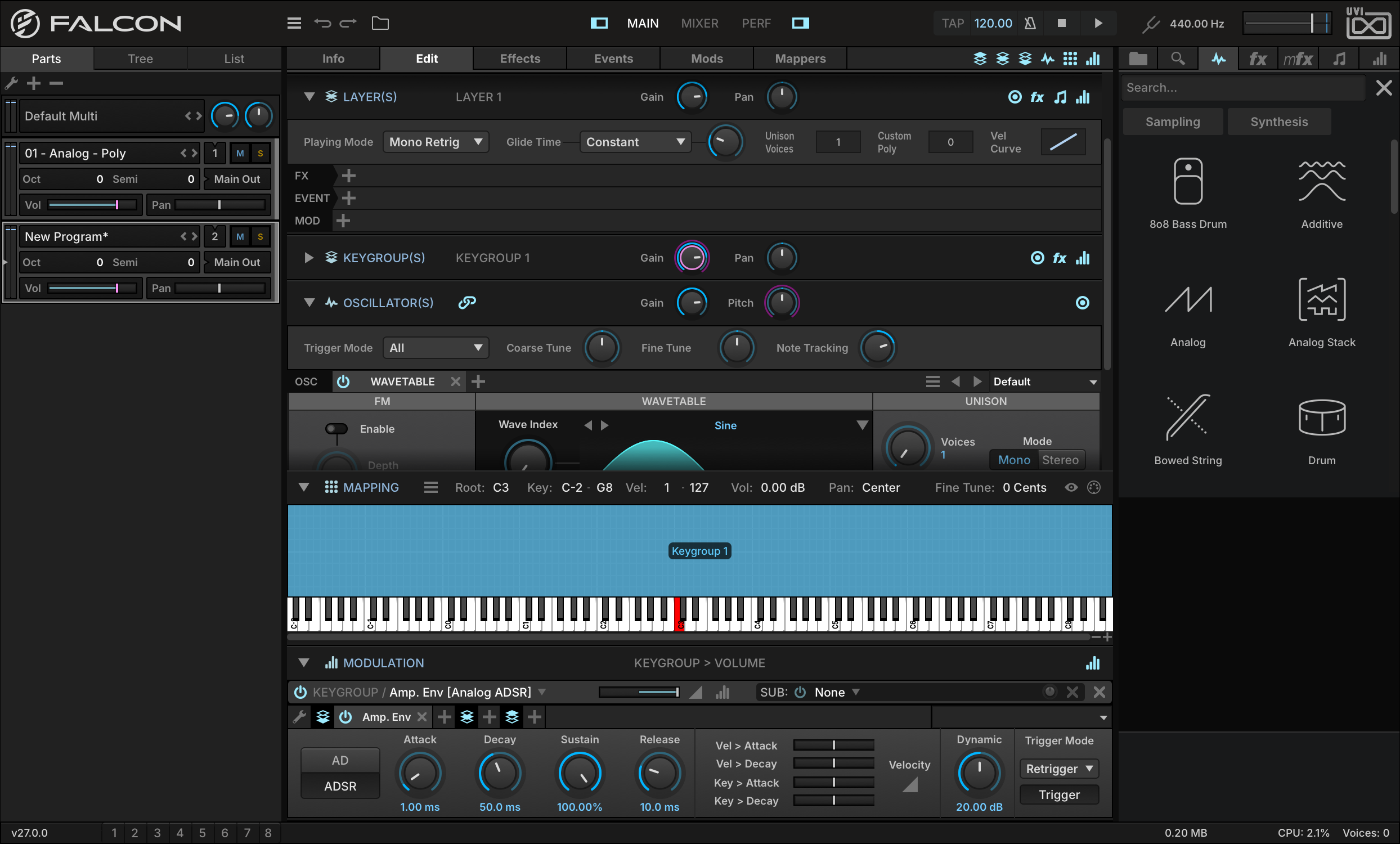 Layer section with Playing Mode set to Mono Retrigger