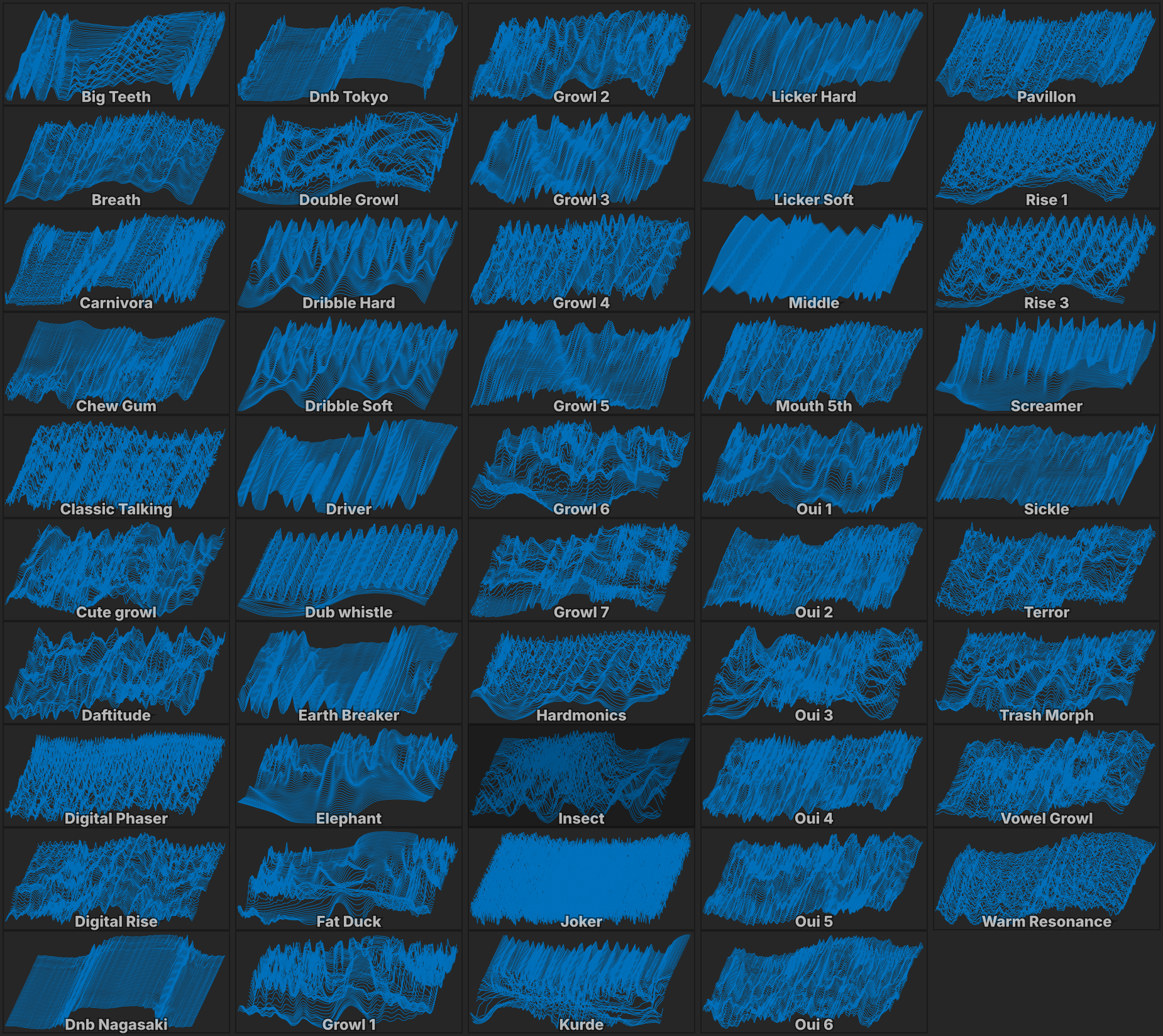 Grid of Bass wavetables including Insect