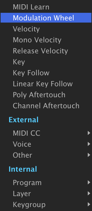 Add Modulation submenu with Modulation Wheel highlighted