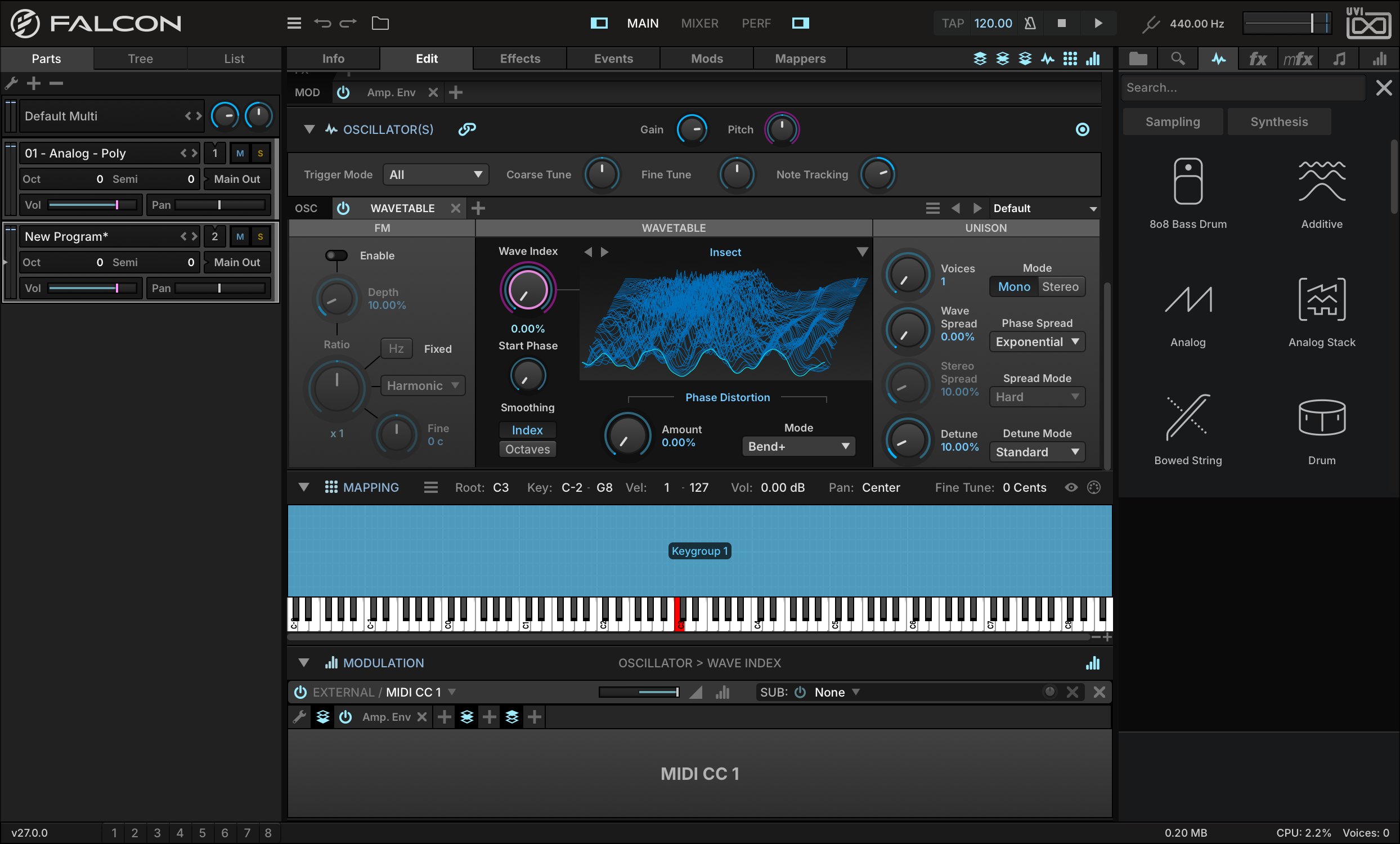 Modulation Editor showing the MIDI CC 1 assignment to Wave Index