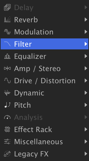 Keygroup effects + menu with Filter highlighted