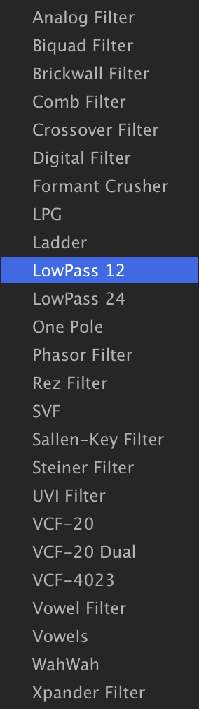 Filter submenu with LowPass 12 highlighted