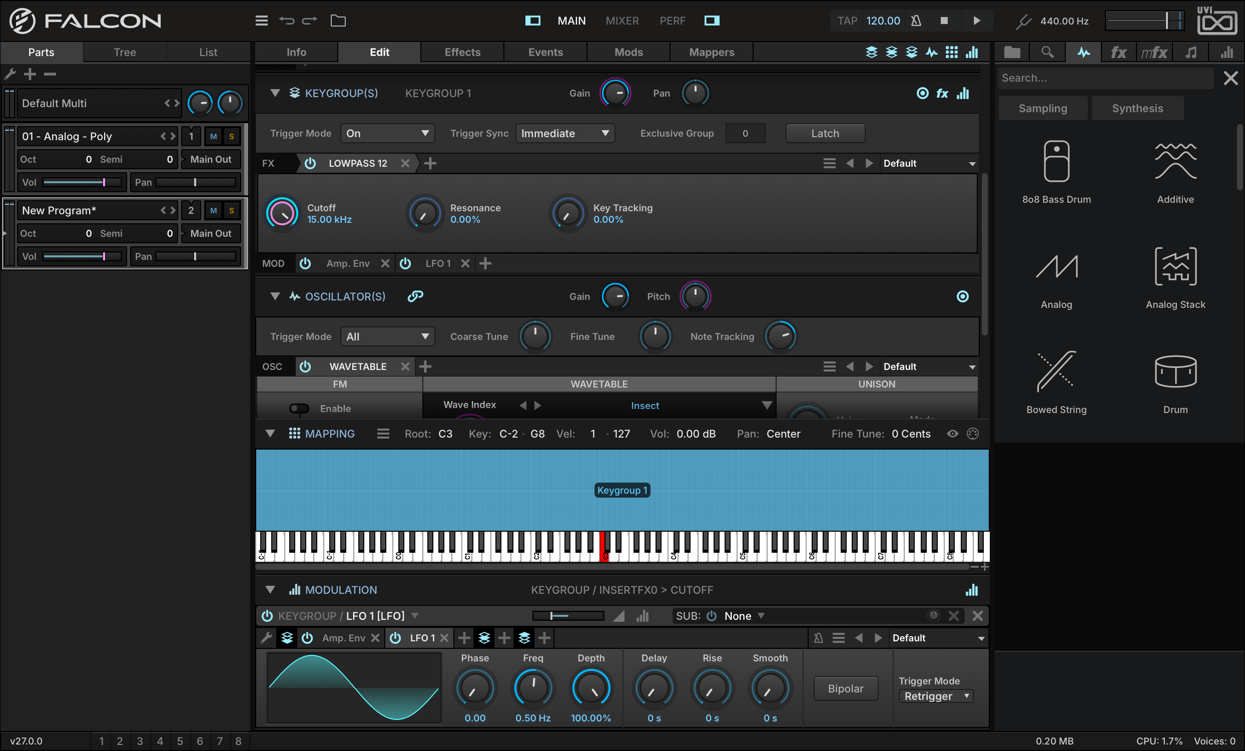LFO 1 with Bipolar off, and its Cutoff connection at a ratio of -0.5