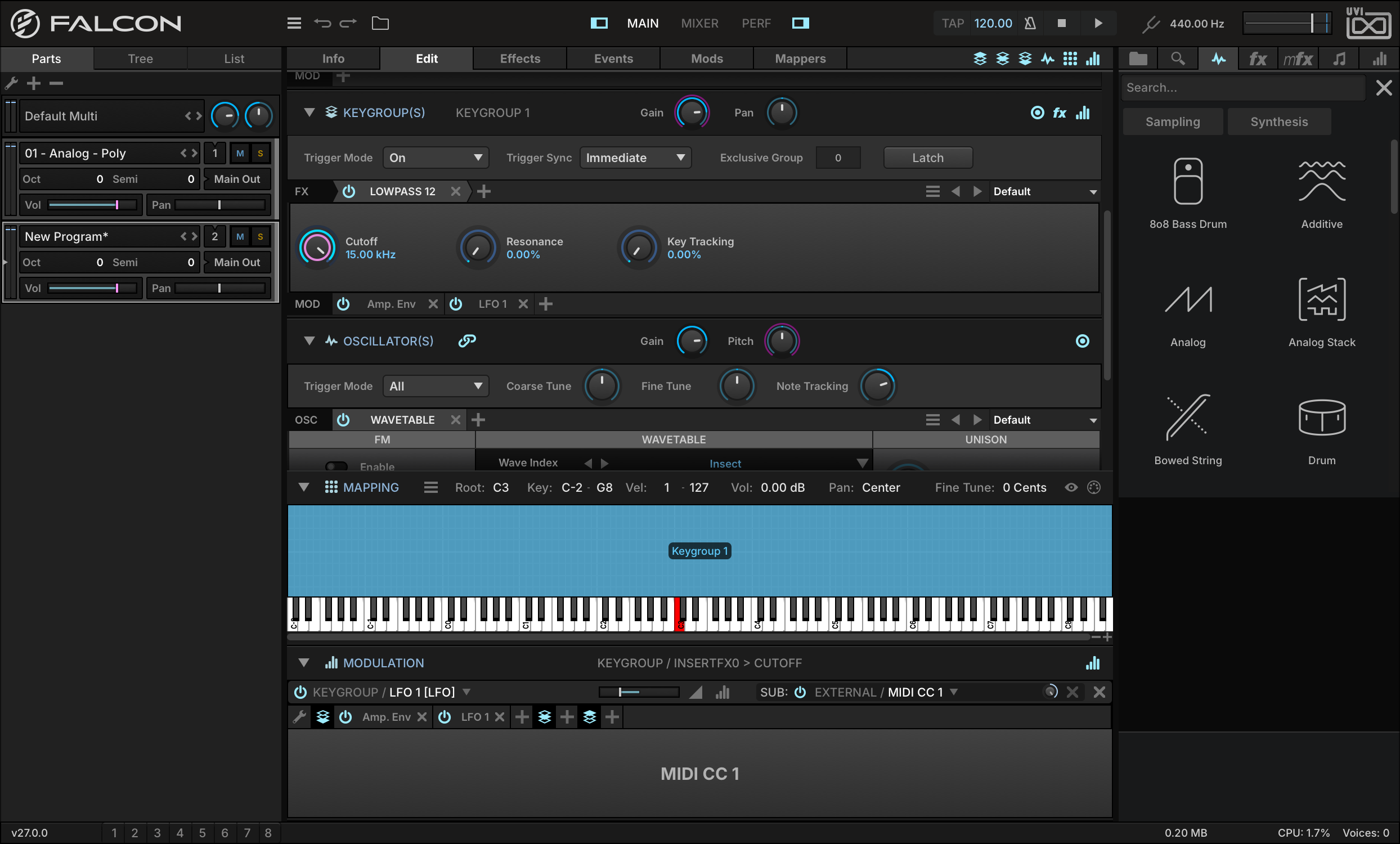 Edit tab with the LFO on the filter cutoff and the mod wheel as its sub-modulation source