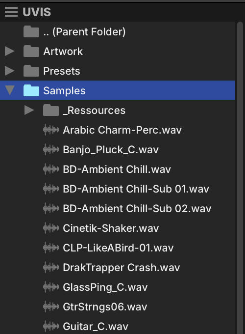 FILES tab of the right sidebar showing a folder of drum samples
