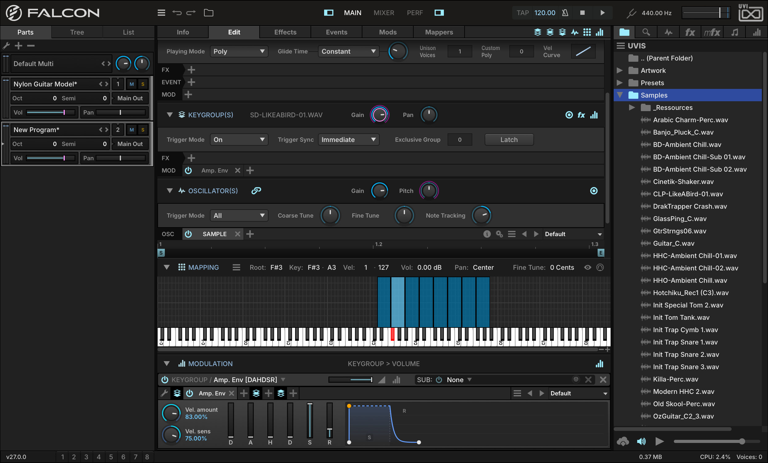 Edit tab with one sample keygroup selected and its values in the Mapping Editor toolbar