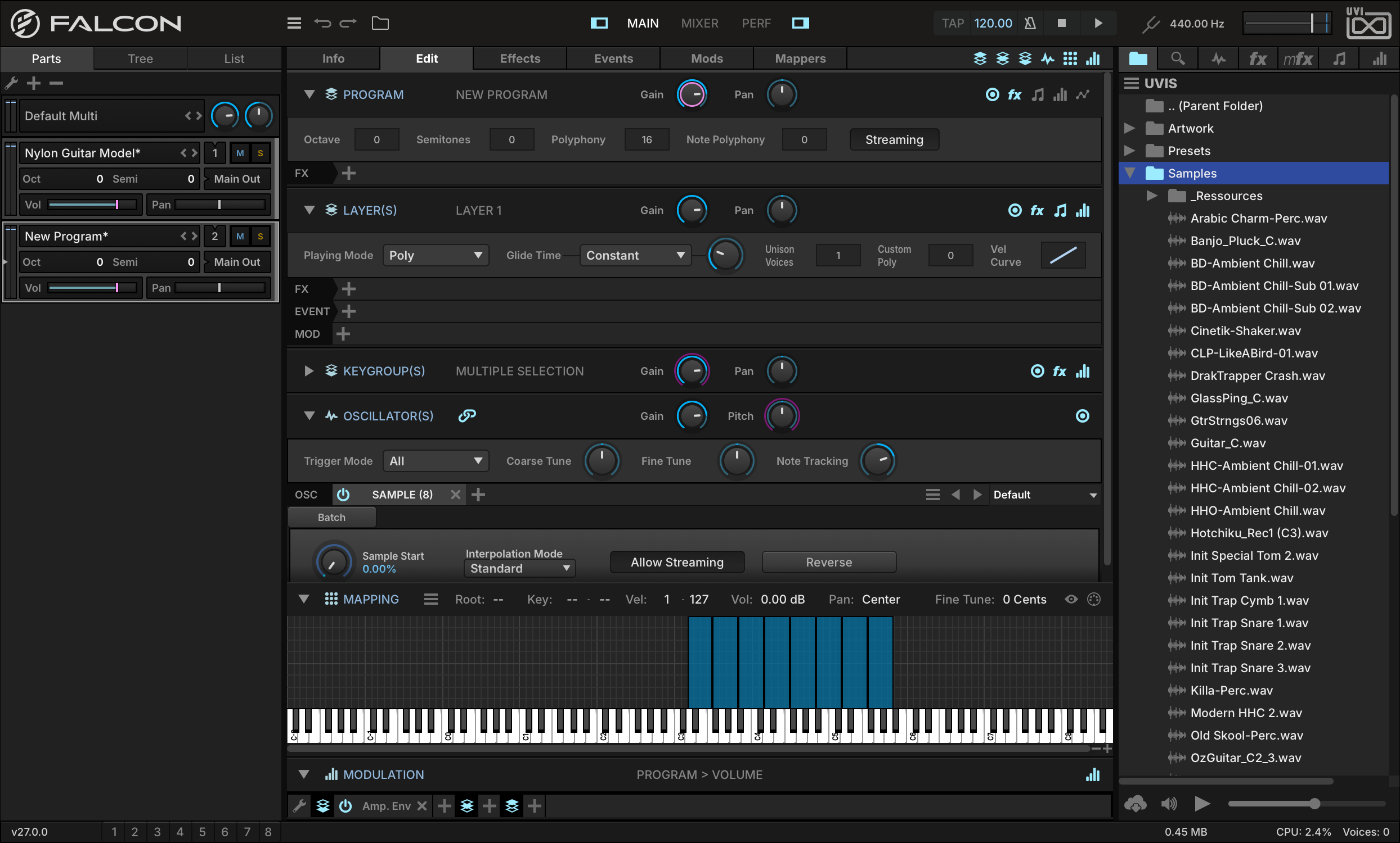 Eight drum samples dropped on the Mapping Editor, one keygroup per key
