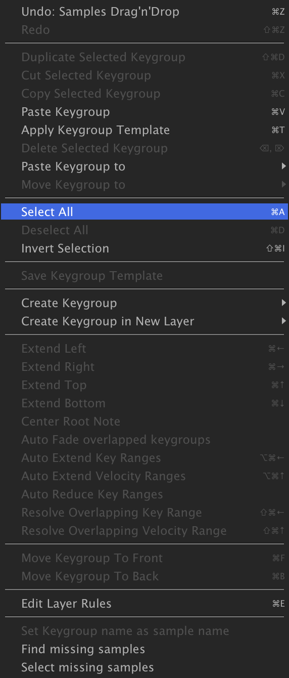 Mapping Editor menu with Select All highlighted