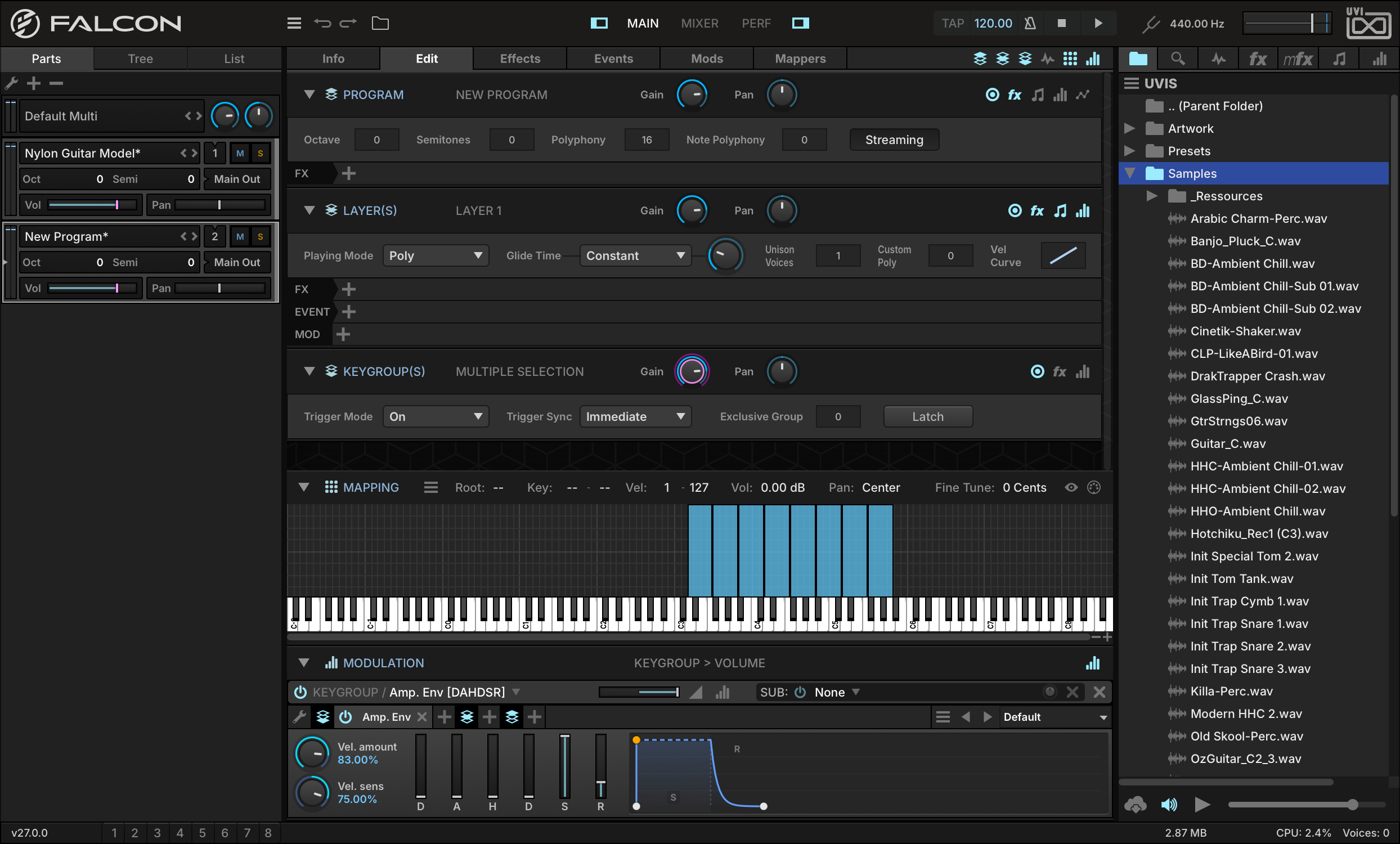 Edit tab with all sample keygroups selected (Multiple Selection)