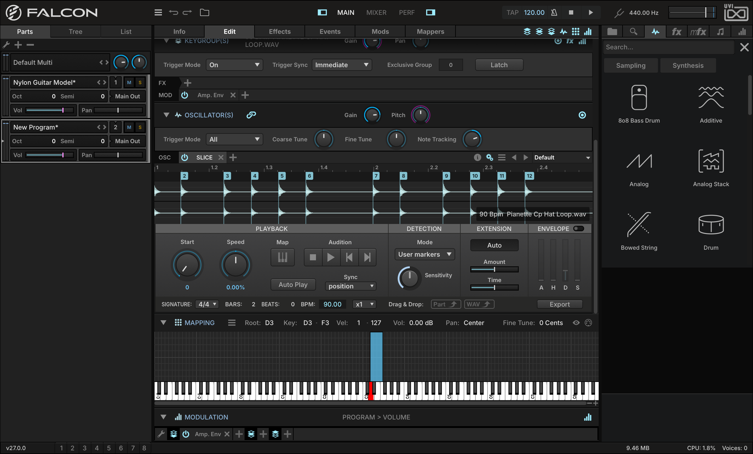 Edit tab with the drum loop in the Slice oscillator, sliced at each transient