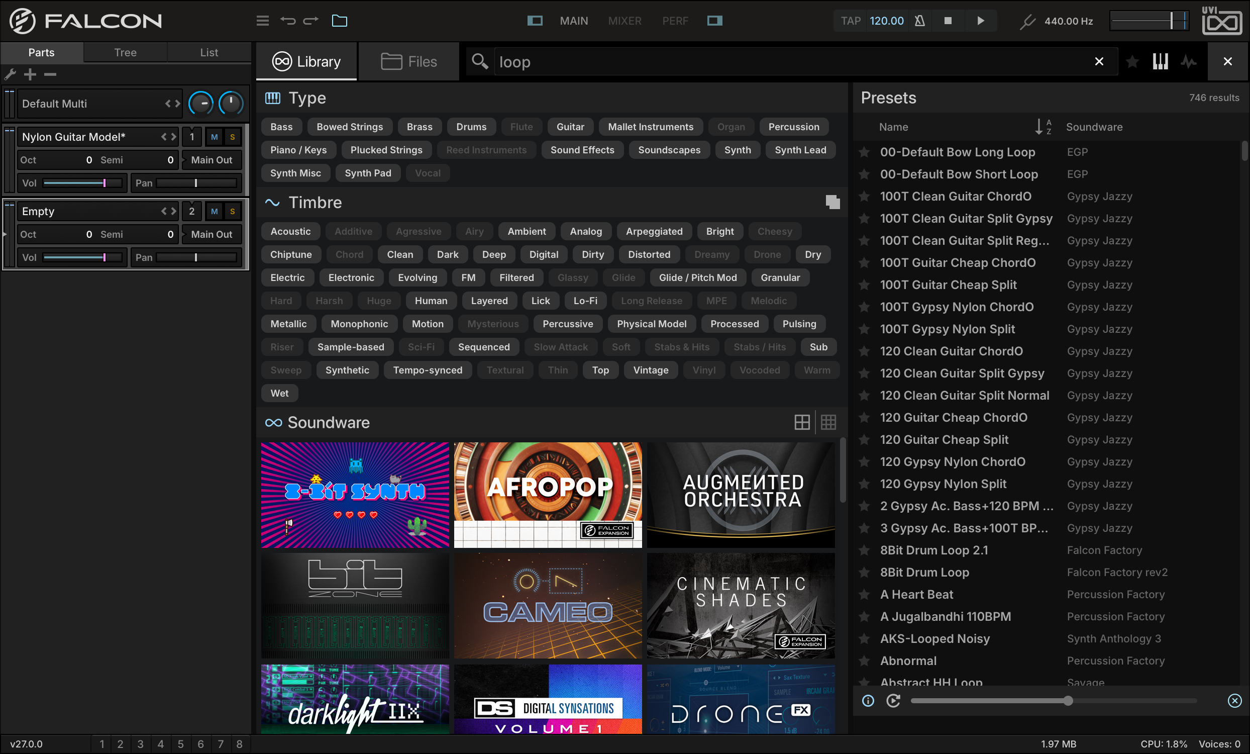Library Browser searching for “loop”, the matching loops listed on the right