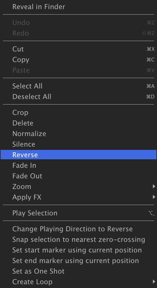 Sample Editor context menu with Reverse highlighted