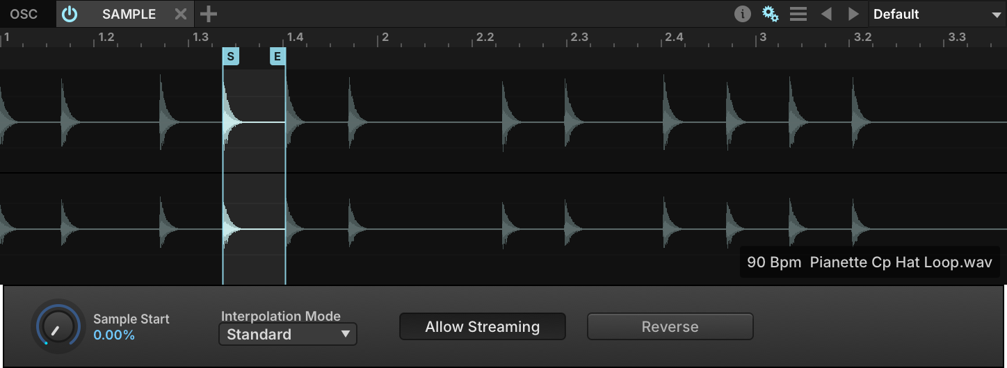 Sample view of one slice keygroup with its S (start) and E (end) markers