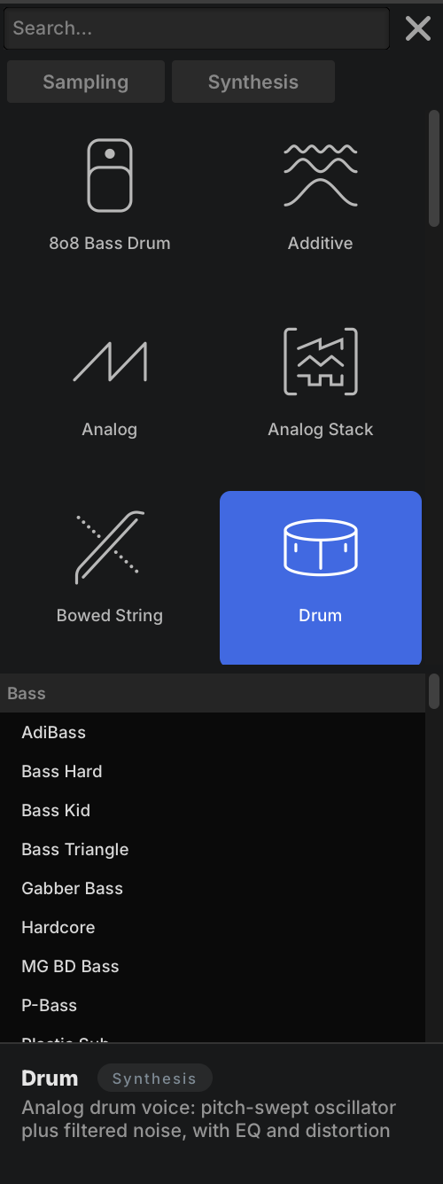 OSC tab of the right sidebar with Drum expanded and its preset folders listed under it