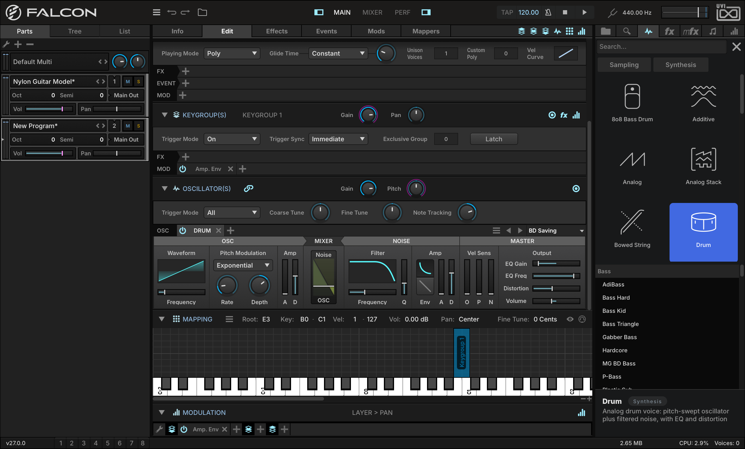 Edit tab with the BD Saving Drum oscillator keygroup mapped from B0 to C1