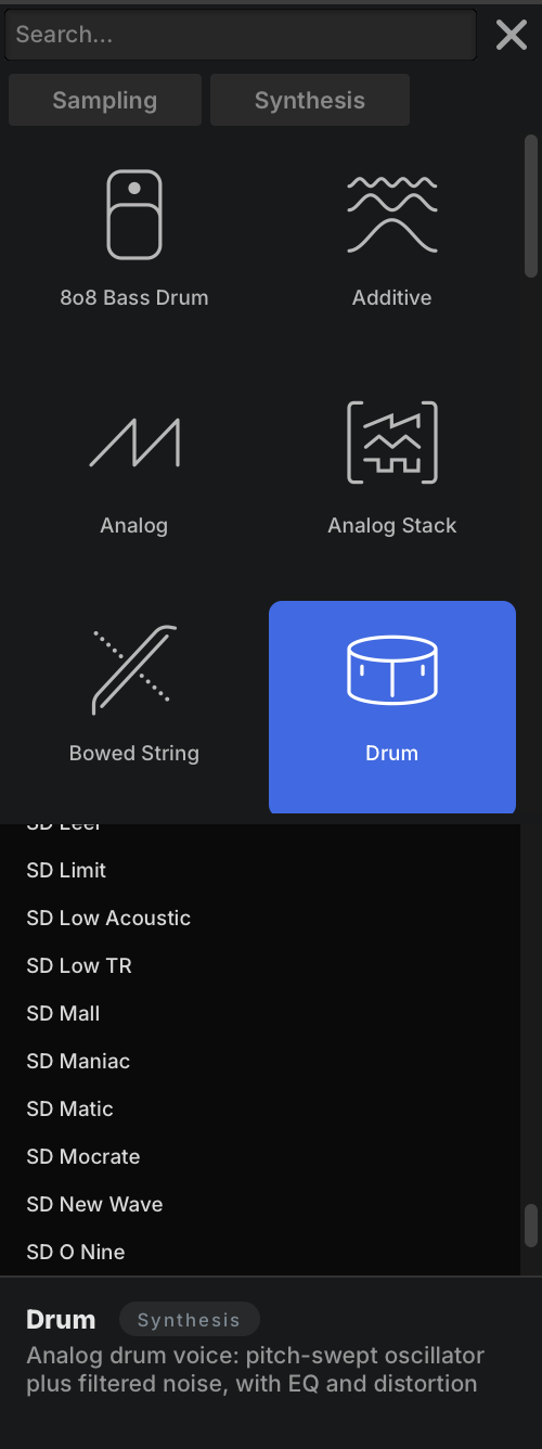 OSC tab of the right sidebar listing the SD presets, including SD Maniac