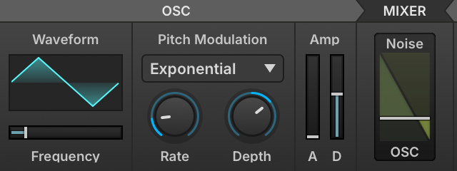 Drum oscillator OSC and MIXER sections: Waveform on triangle, the Osc/Noise slider moved towards noise