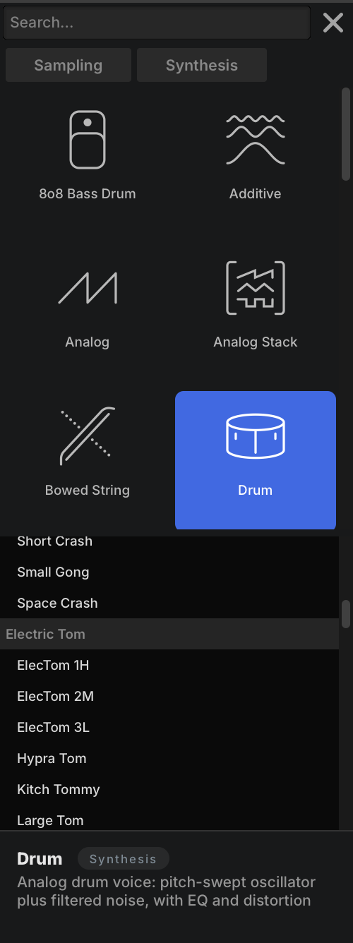 OSC tab of the right sidebar listing the Electric Tom presets, including Large Tom