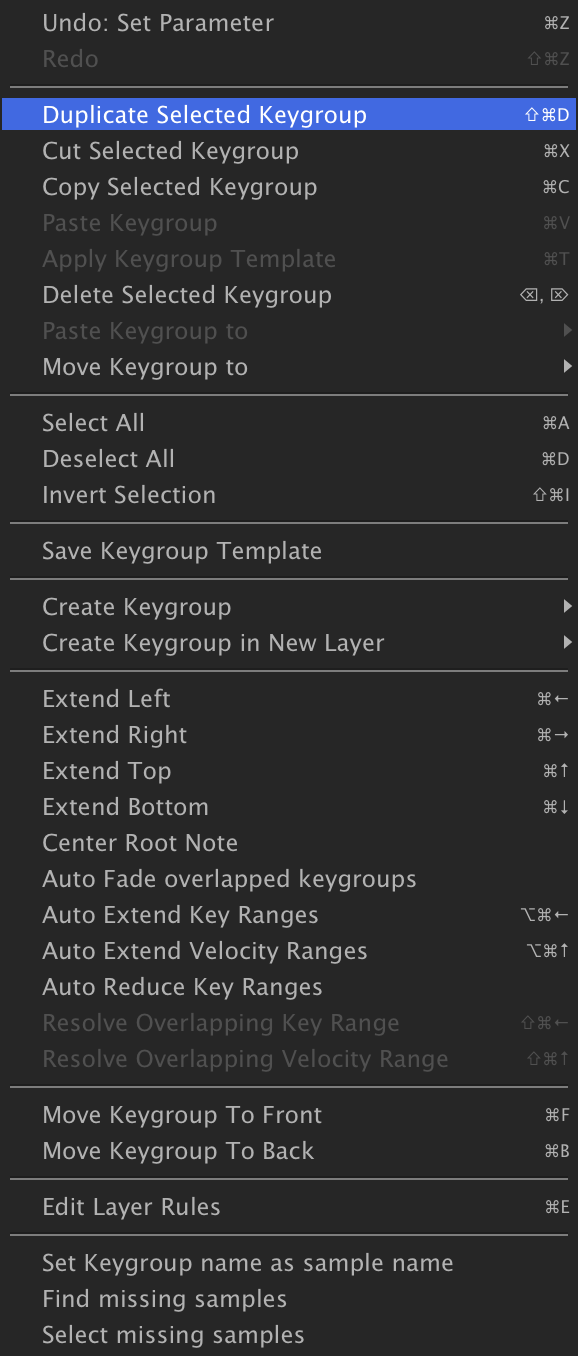 Mapping Editor context menu with Duplicate Selected Keygroup highlighted