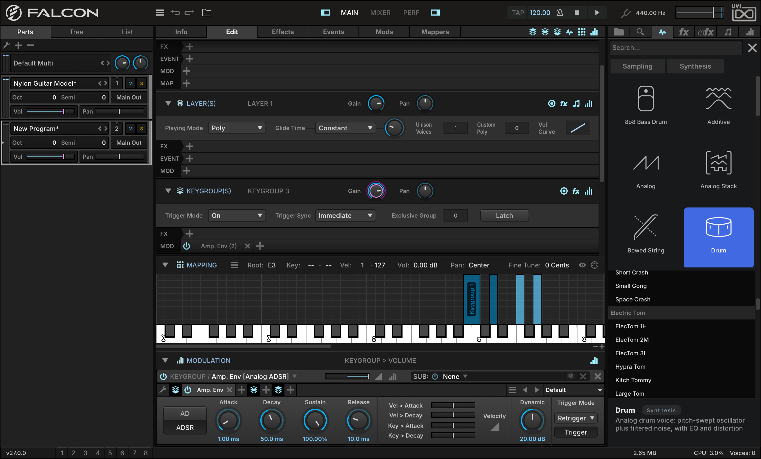 Tom keygroups selected, with the Amp. Env tab open in the Modulation Editor