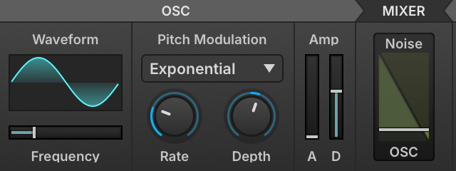 Large Tom’s Drum oscillator, its Frequency slider tuned to the key the tom sits on
