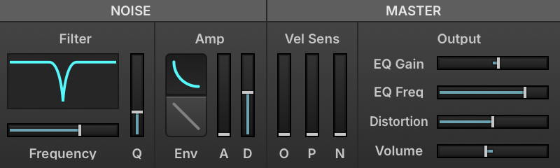 Drum oscillator Noise and Master sections with the filter Q and Distortion controls