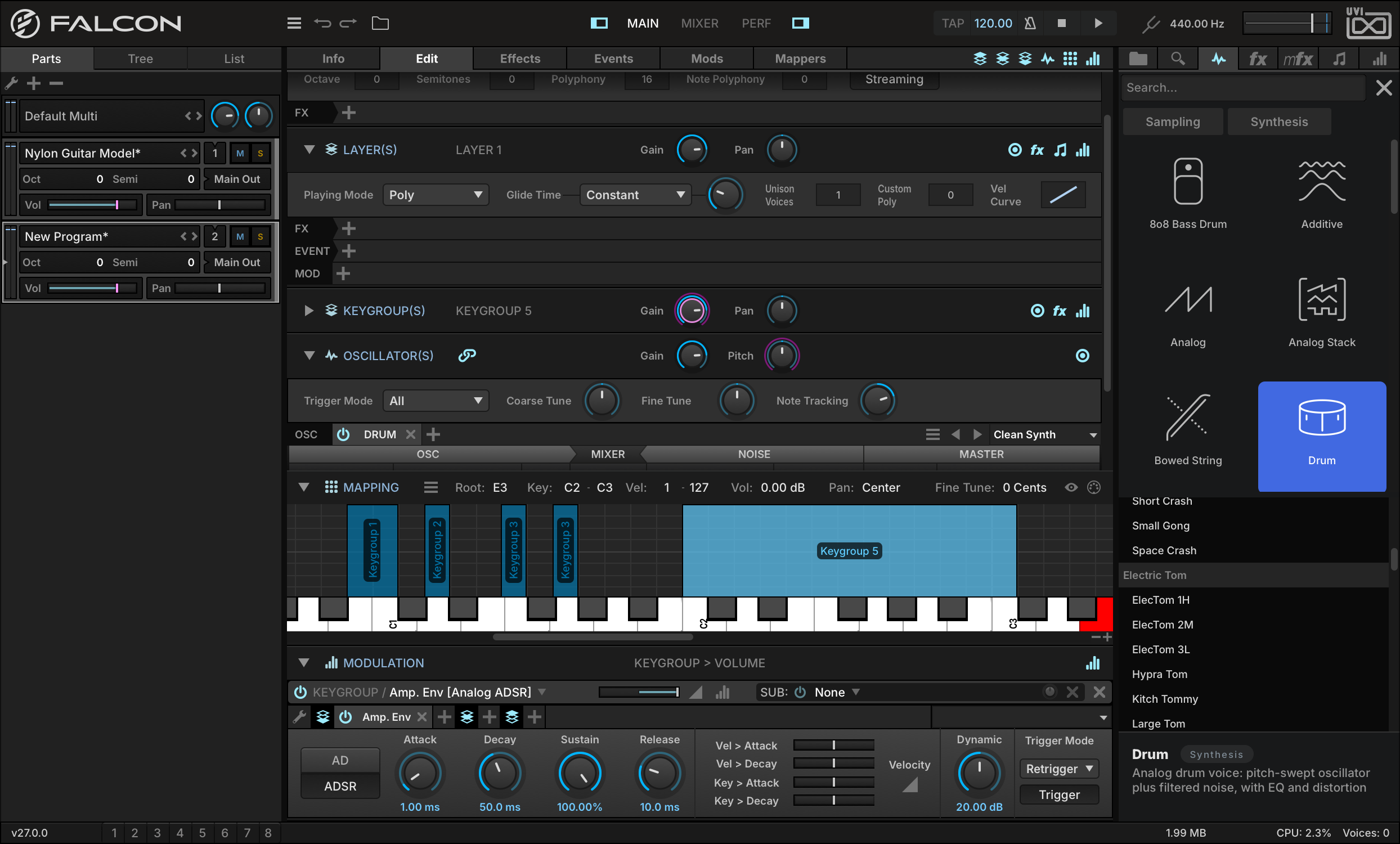 A Clean Synth Drum keygroup mapped from C2 to C3, next to the drum keygroups